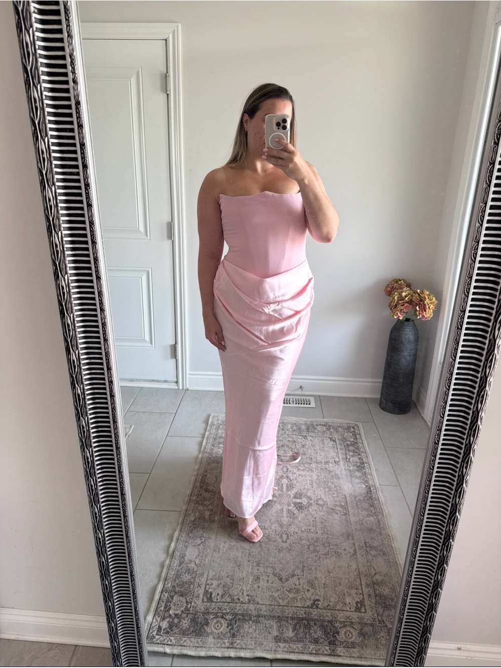 Strapless Pink Satin Maxi Dress